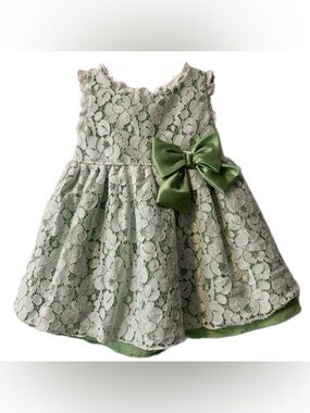 Sweet Heart Rose Baby Dress 12M Green Floral Lace Easter Party Bow Dress